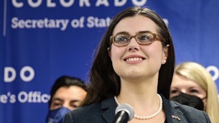 Colorado Secretary of State Jena Griswold at a news conference