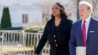 Lisa Cook, governor of the U.S. Federal Reserve and her attorney Abbe Lowell outside the U.S. Supreme Court.