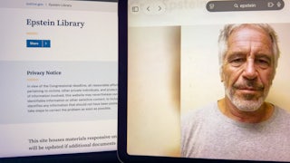Two computer screens show the Department of Justice's library of files on Jeffrey Epstein and a photograph of his face