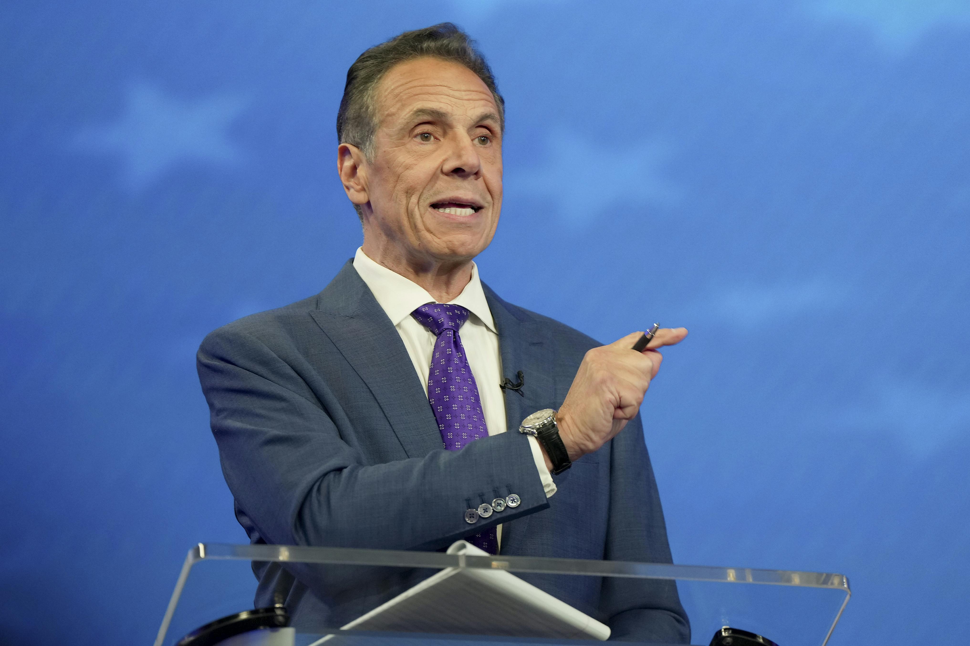 Andrew Cuomo points while speaking at the New York mayoral campaign.
