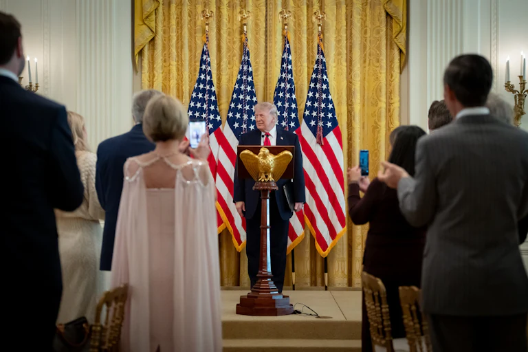 President Donald Trump delivers a speech at the White House.