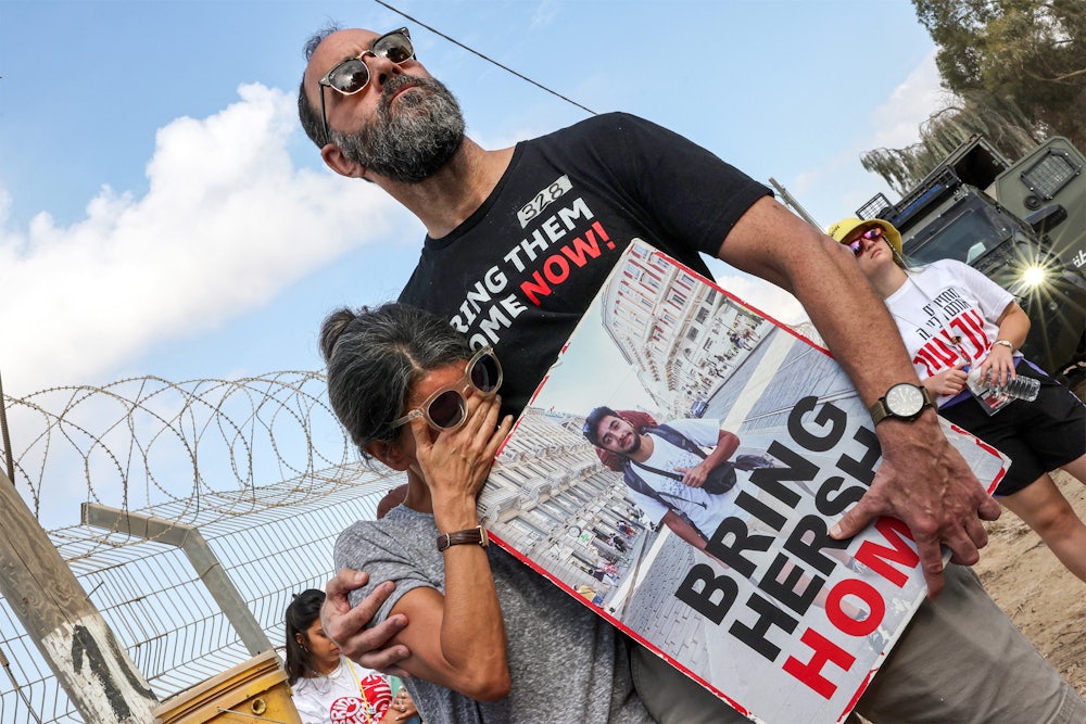 Jonathan Polin and Rachel Goldberg, parents of Israeli hostage Hersh Goldberg-Polin, attend a demonstration by the families of the hostages taken captive in the Gaza Strip.