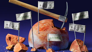 Photo illustration of a pickaxe strikes a cracked planet resembling Mars that has multiple flag poles with dollar bills as the flag indicating monetary value; the pickax is chipping away a chunk of its orange surface and the flags are anchored in the pieces.