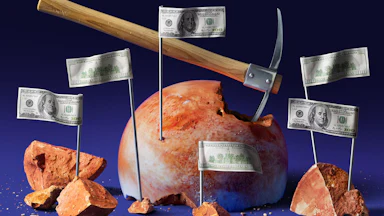 Photo illustration of a pickaxe strikes a cracked planet resembling Mars that has multiple flag poles with dollar bills as the flag indicating monetary value; the pickax is chipping away a chunk of its orange surface and the flags are anchored in the pieces.