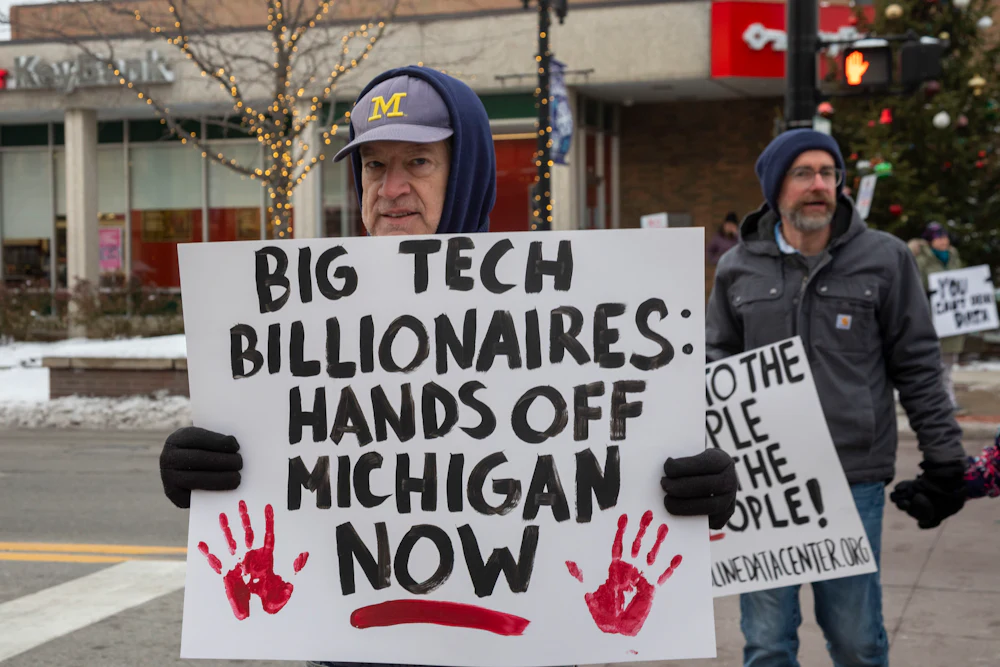 A 2025 protest against a data center planned on southeast Michigan farmland