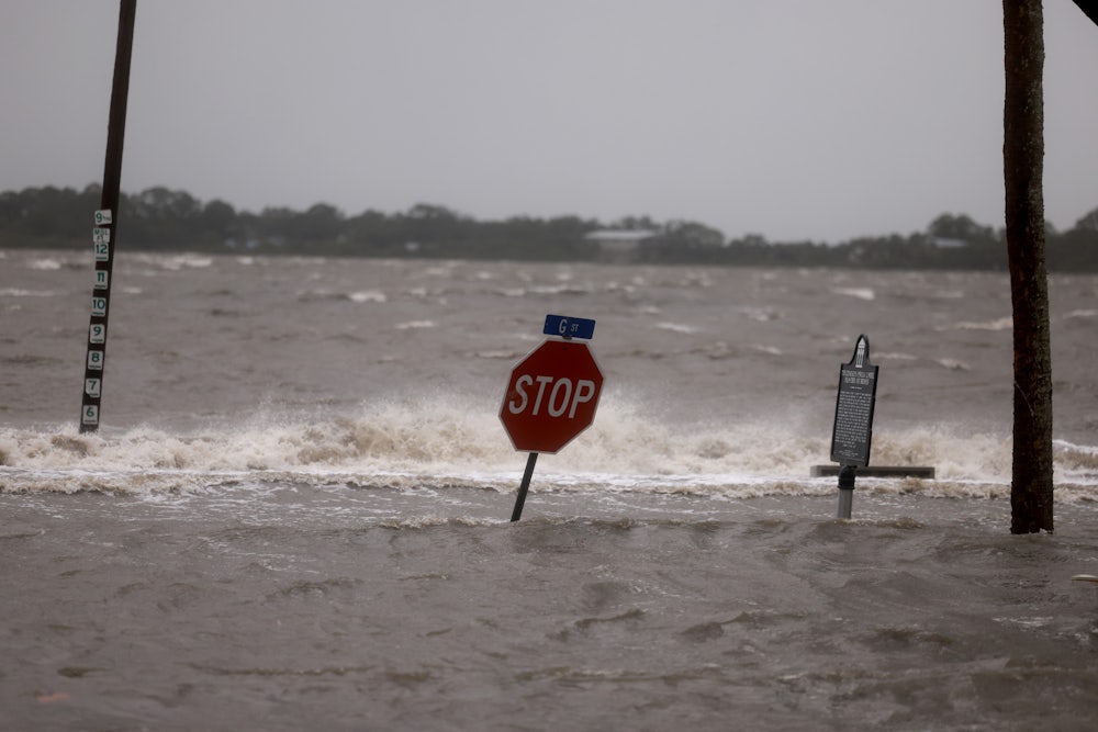 High winds, rain and storm surge from Hurricane Debby inundate a Cedar Key, Florida neighorhood.