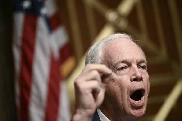 Senator Ron Johnson gestures and speaks during a committee hearing