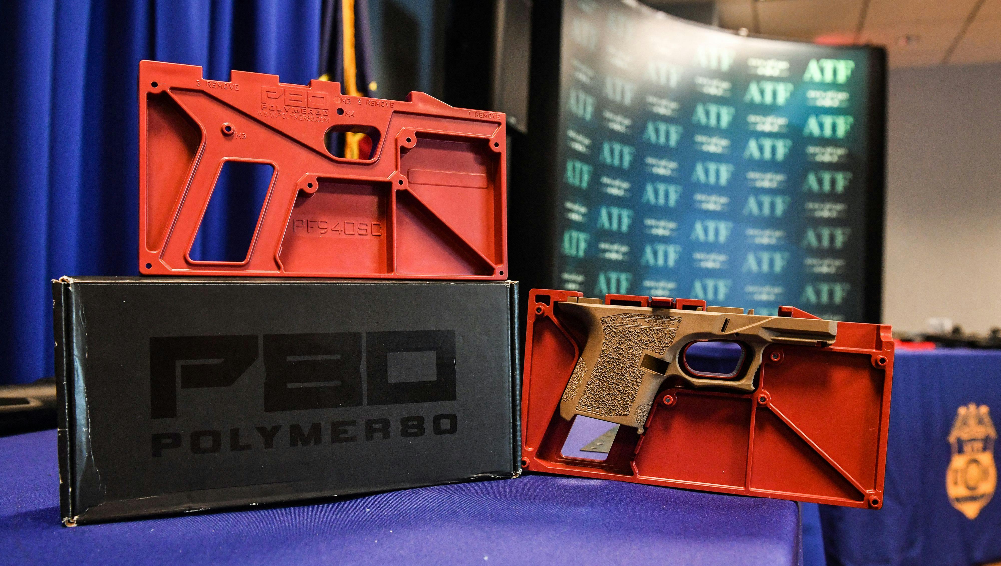 "Ghost guns" seized in federal law enforcement actions are displayed at the Bureau of Alcohol, Tobacco, Firearms, and Explosives (ATF) field office in Glendale, California. 