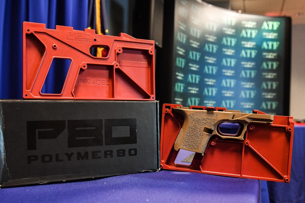 "Ghost guns" seized in federal law enforcement actions are displayed at the Bureau of Alcohol, Tobacco, Firearms, and Explosives (ATF) field office in Glendale, California.