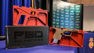 "Ghost guns" seized in federal law enforcement actions are displayed at the Bureau of Alcohol, Tobacco, Firearms, and Explosives (ATF) field office in Glendale, California.
