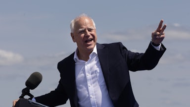 Tim Walz speaks at a campaign rally in Eau Claire, Wisconsin.