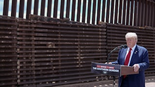 Donald Trump speaks about immigration and border security near Coronado National Memorial in Montezuma Pass, Arizona.