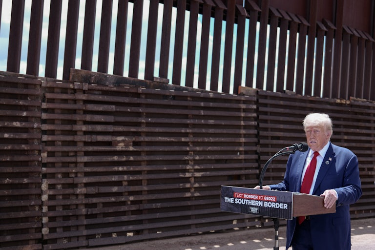Donald Trump speaks about immigration and border security near Coronado National Memorial in Montezuma Pass, Arizona.