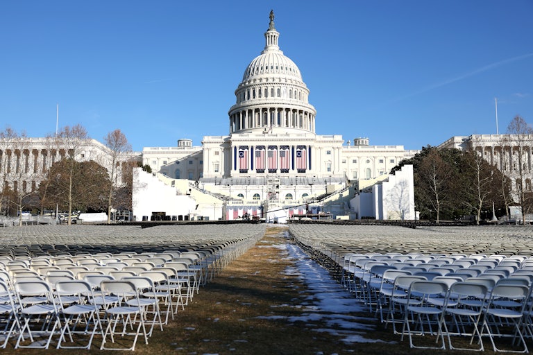 Chairs are set up on the National Mall ahead of Donald Trump’s inauguration
