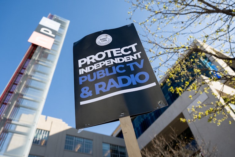 A protest sign reads "Protect Independent TV and Radio."