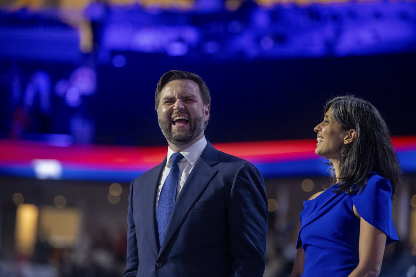 A photograph of JD Vance and his wife on stage at the Republication National Convention 