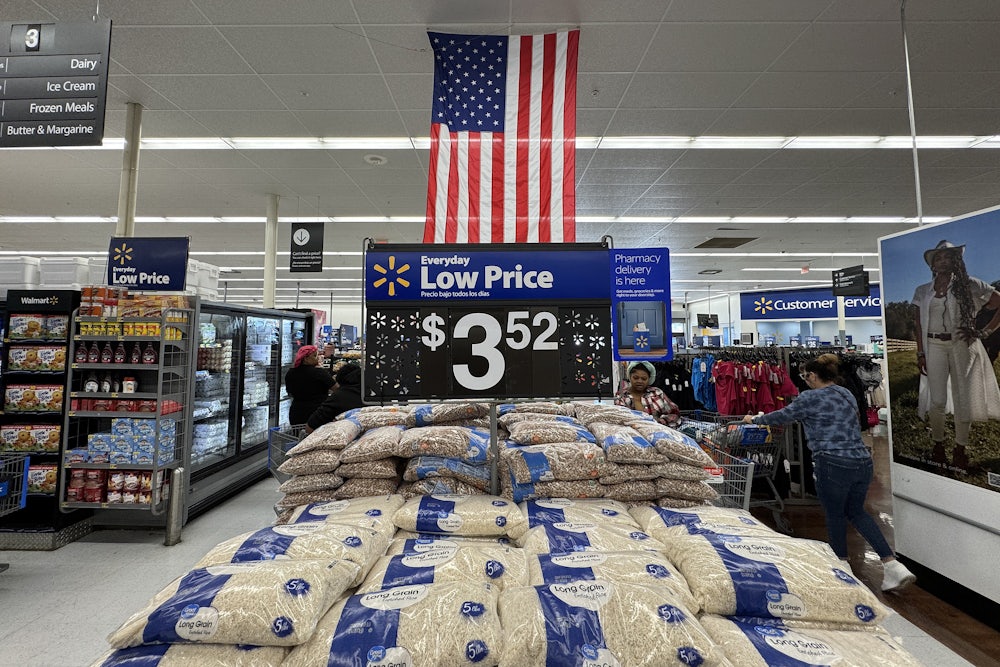 Bags of beans and rice are displayed at a Walmart store in San Leandro, California.