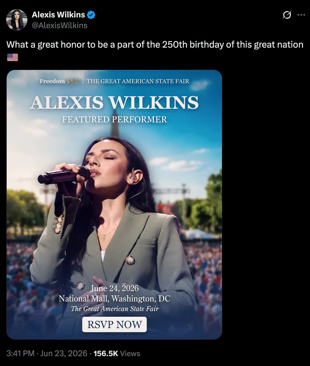 A tweet screenshot with from Alexis Wilkins reading “What a great honor to be a part of the 250th birthday of this great nation” with a graphic containing Wilkins's picture in front of the National Mall giving the June 24th date of her performance there.