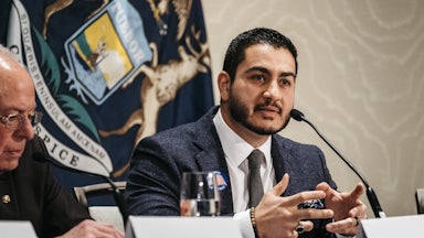 Abdul El-Sayed at an event with Bernie Sanders
