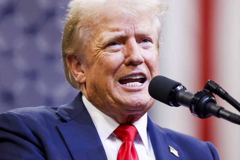 Donald Trump speaks into a microphone during a campaign rally