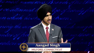 Aangad Singh speaks during the Presidential 1776 Award competition. The chyron notes he is from Milford, Connecticut.