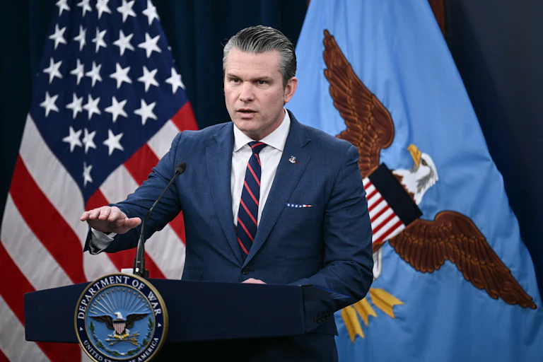 Defense Secretary Pete Hegseth gives a briefing.