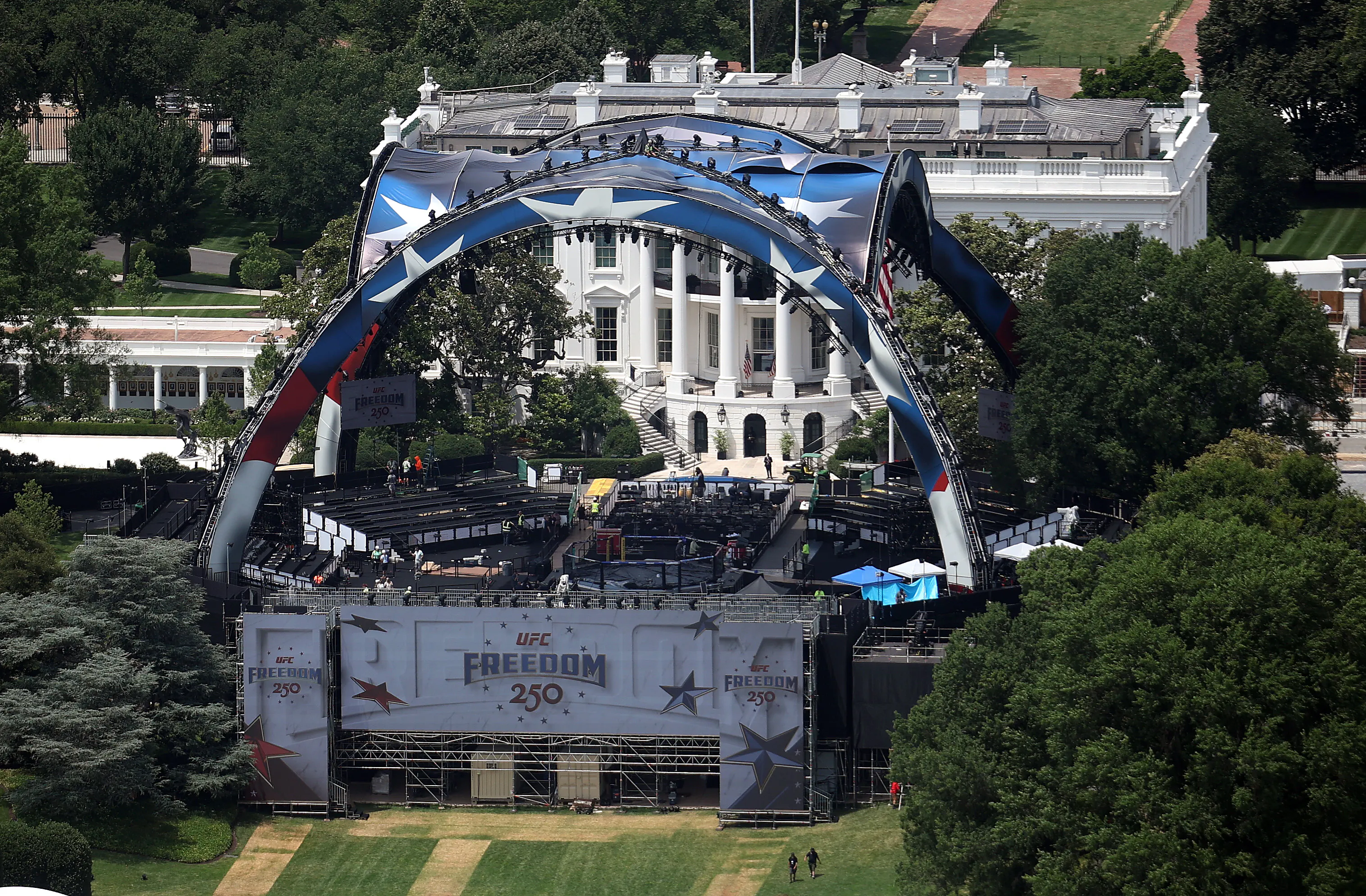 An aerial view of the UFC octagon at the White House