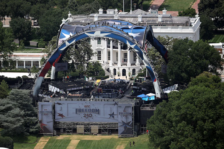 An aerial view of the UFC octagon at the White House