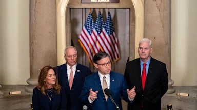 House Speaker Mike Johnson and other House Republicans speak during a news conference at the U.S. Capitol on October 2.