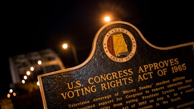 A plaque at the base of the Edmund Pettus Bridge in Selma, Alabama