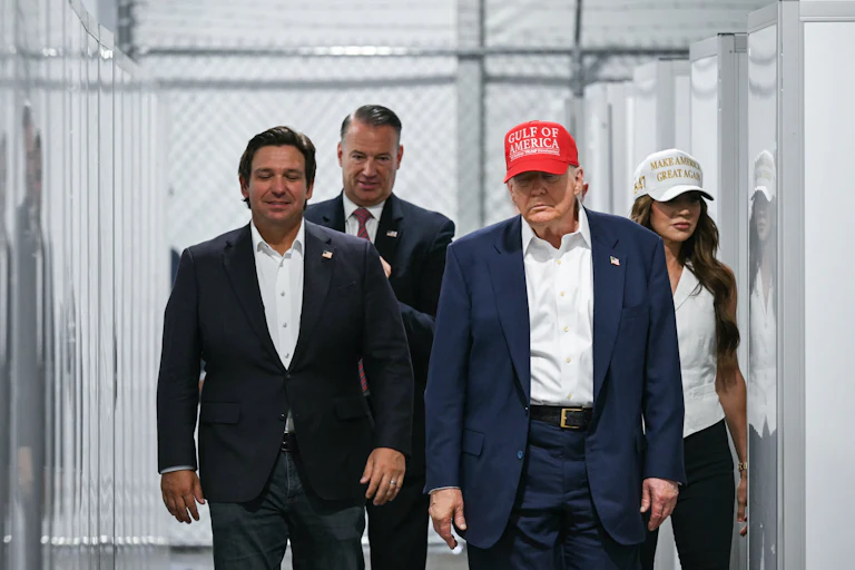 Florida Governor Ron DeSantis, President Donald Trump, and Homeland Security Secretary Kristi Noem tour Alligator Alcatraz.