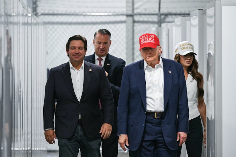 Florida Governor Ron DeSantis, President Donald Trump, and Homeland Security Secretary Kristi Noem tour Alligator Alcatraz.