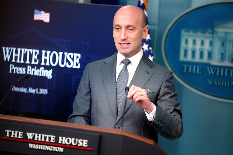 White House deputy Chief of Staff Stephen Miller gestures while speaking at the podium during a press briefing