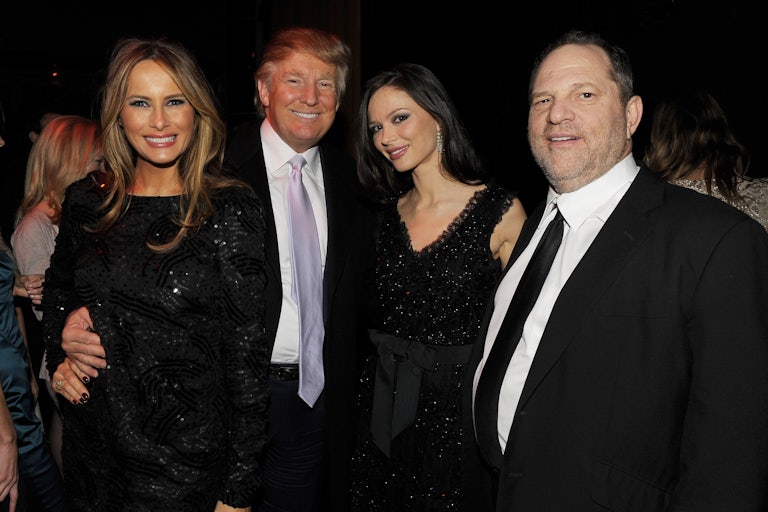Melania Trump, Donald Trump, Georgina Chapman, and Harvey Weinstein stand together at a 2009 formal event.