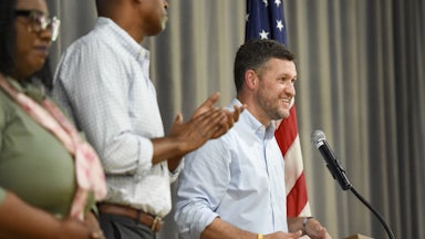 Democrat Pat Ryan speaks during a rally in Kingston, New York.