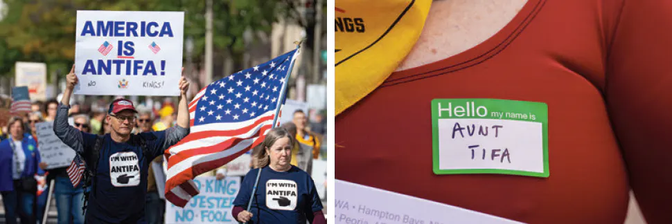 Left, a photo of protesters at last October’s “No Kings” rally in Washington, D.C.; right, a photo of a protester wearing a name tag that says 'hello Aunt Tifa'