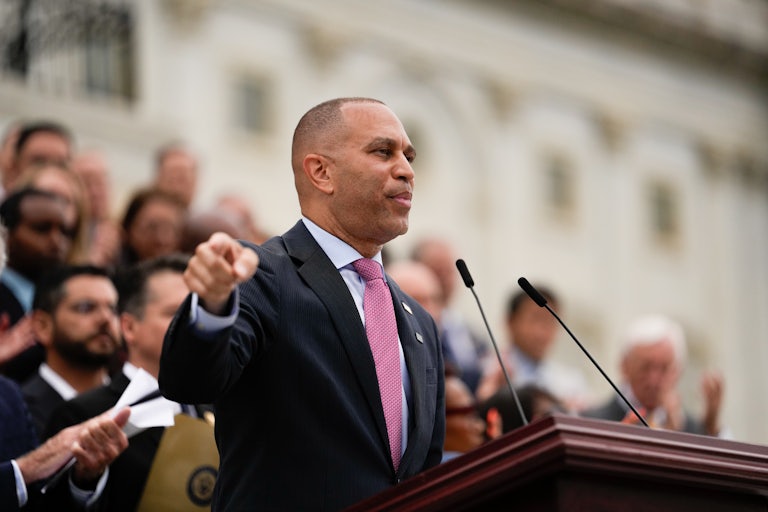 Hakeem Jeffries speaks during a news conference with House Democrats outside the US Capitol in Washington, D.C.