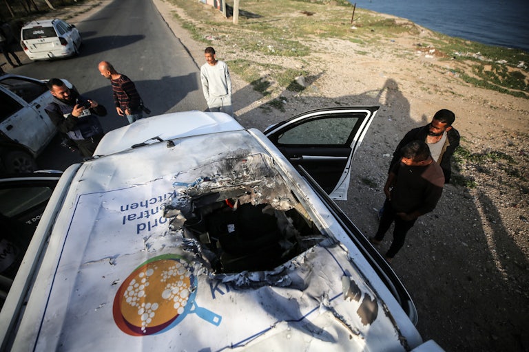 One of the vehicles where employees from the World Central Kitchen were killed in an Israeli airstrike.in Deir Al-Balah, in the central Gaza Strip, Majdi Fathi/Getty Images