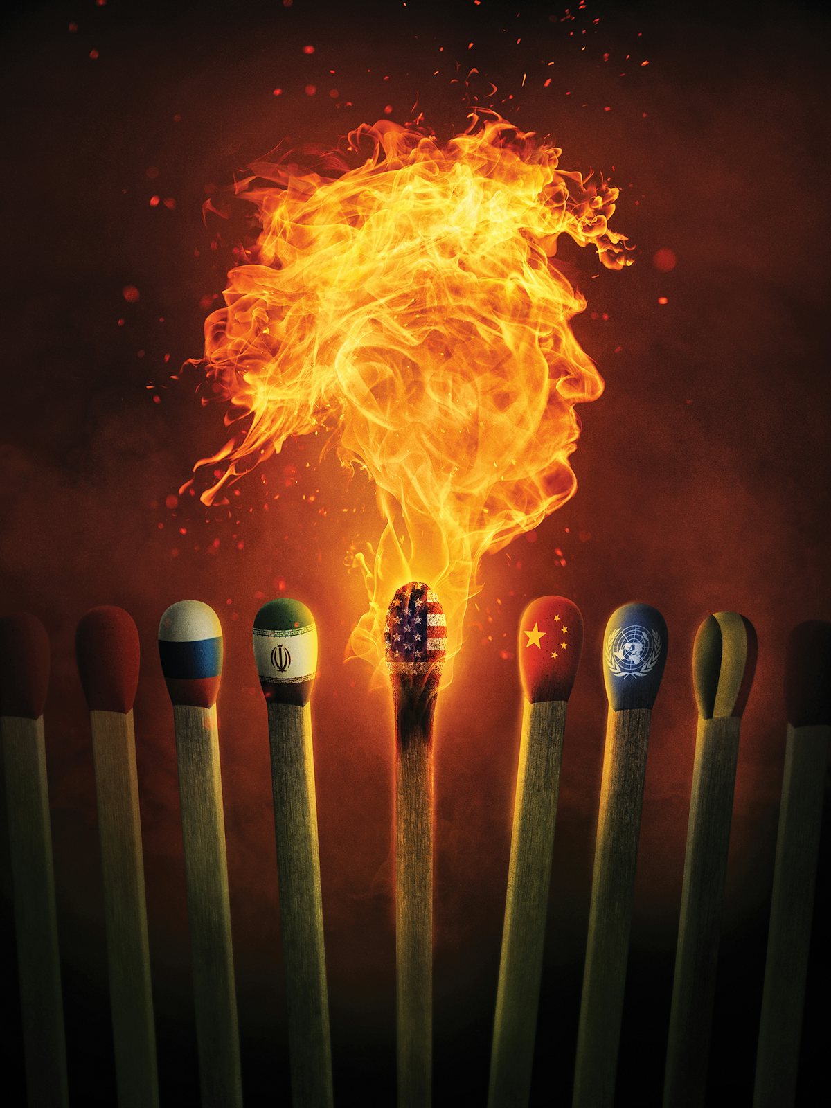 An illustration of a row of matchsticks each match head painted with different national symbols, including Russia, Iran, the United States, China, and the United Nations. The match with the American flag produces an orange flame in Trump' profile in fire, the surrounding matches remain unlit