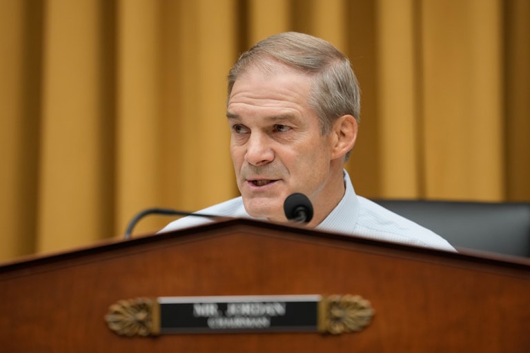 Representative Jim Jordan speaks while sitting at the dais in a House committee hearing