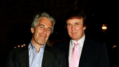 Jeffrey Epstein and Donald Trump smile while standing next to one another. Trump places his hand on Epstein's shoulder.