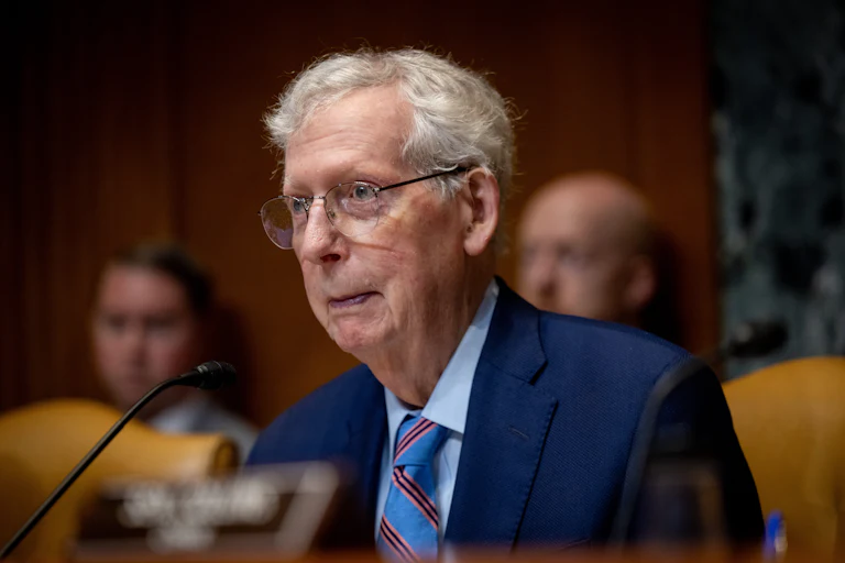Kentucky Senator Mitch McConnell sits in a Senate committee hearing.