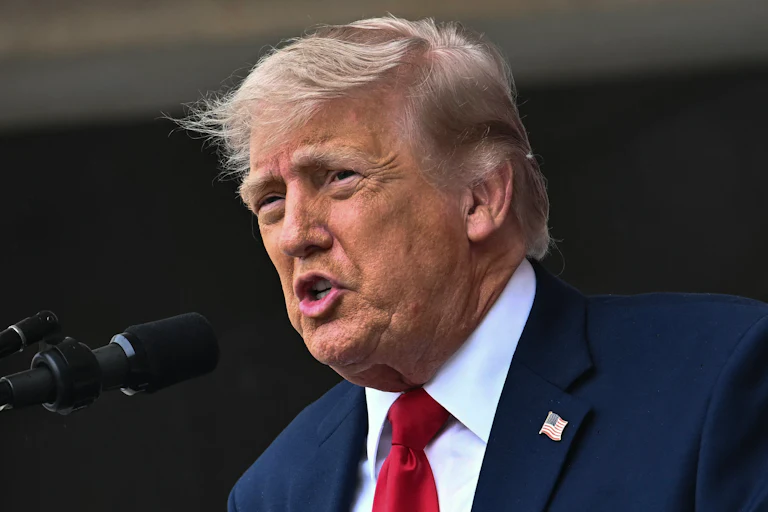Donald Trump speaks into a microphone