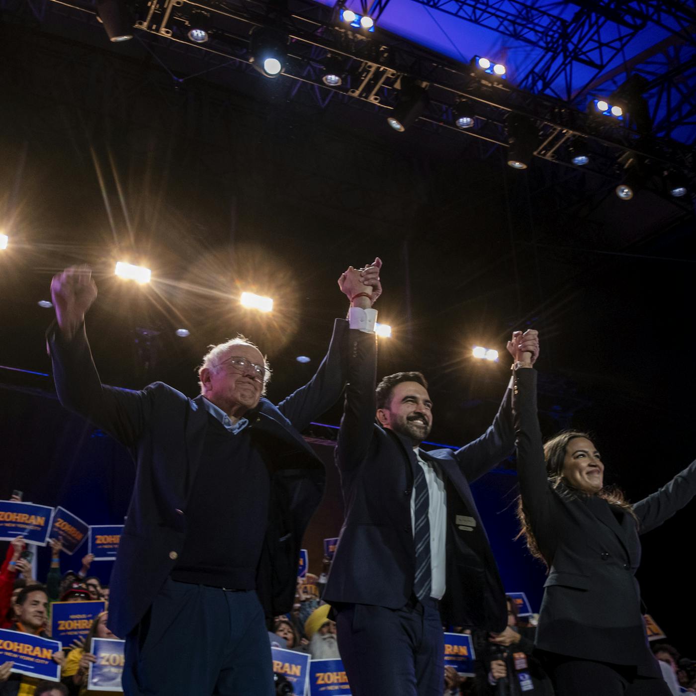 Bernie Sanders, Zohran Mamdani, and Alexandria Ocasio-Cortez
