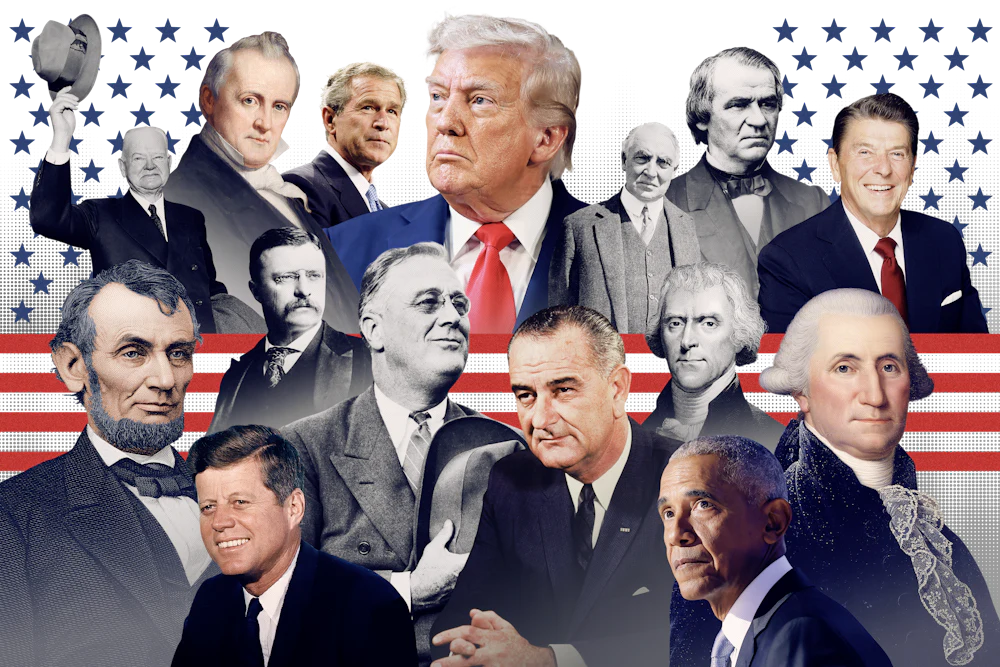 A lineup of photographs of best and worst U.S. presidents including Lincoln, Hoover, Buchanan, George W. Bush, Trump, Harding, Johnson, Reagan, Jefferson, Washington, Obama , LBJ, FDR, T. Roosevelt, Kennedy