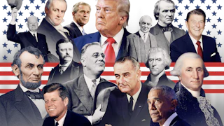 A lineup of photographs of best and worst U.S. presidents including Lincoln, Hoover, Buchanan, George W. Bush, Trump, Harding, Johnson, Reagan, Jefferson, Washington, Obama , LBJ, FDR, T. Roosevelt, Kennedy