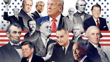 A lineup of photographs of best and worst U.S. presidents including Lincoln, Hoover, Buchanan, George W. Bush, Trump, Harding, Johnson, Reagan, Jefferson, Washington, Obama , LBJ, FDR, T. Roosevelt, Kennedy