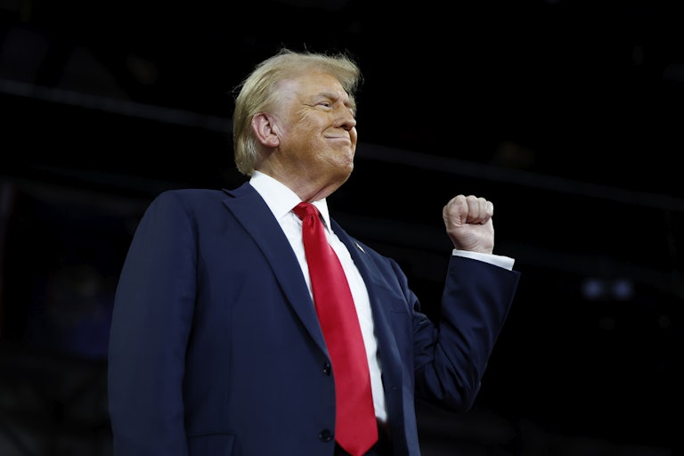 Donald Trump smiles and raises a fist as if in victory