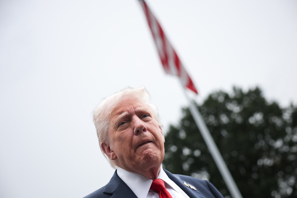 Donald Trump speaks to the media as he departs the White House.