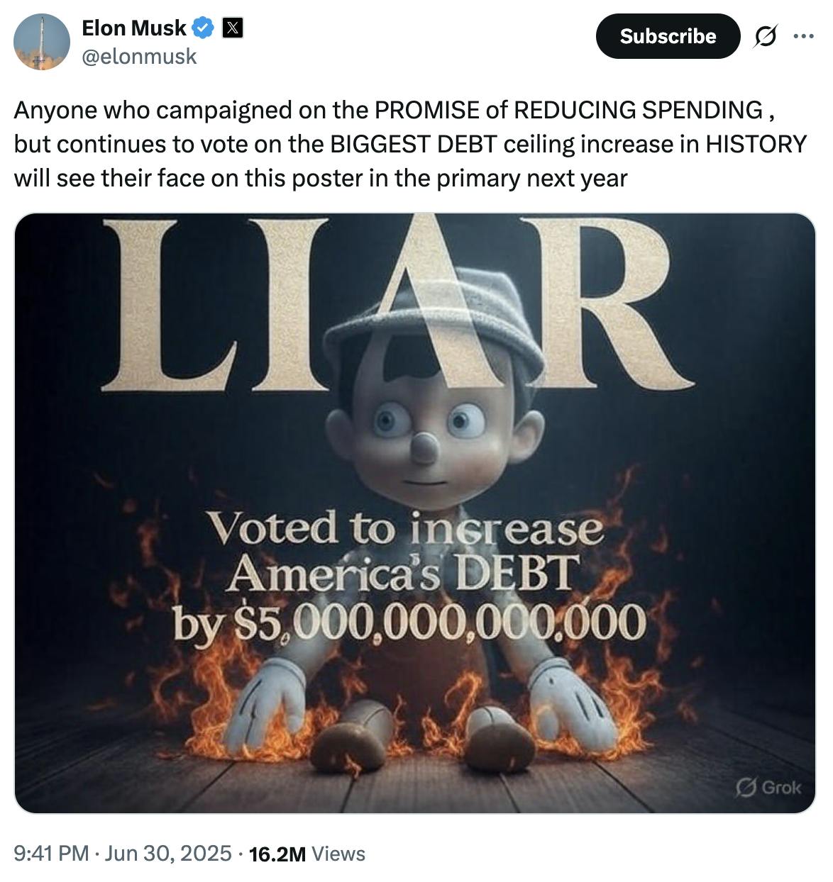 X Elon Musk @elonmusk:
Anyone who campaigned on the PROMISE of REDUCING SPENDING , but continues to vote on the BIGGEST DEBT ceiling increase in HISTORY will see their face on this poster in the primary next year</p>
<p>(photo of Pinocchio going up in flames)” width=”1174″ data-caption=”” data-credit=”” /></p>
<p><span>This dynamic—Musk eviscerating the spending bill, while Trump asserting that he’s known about the legislation and is only </span><a target=